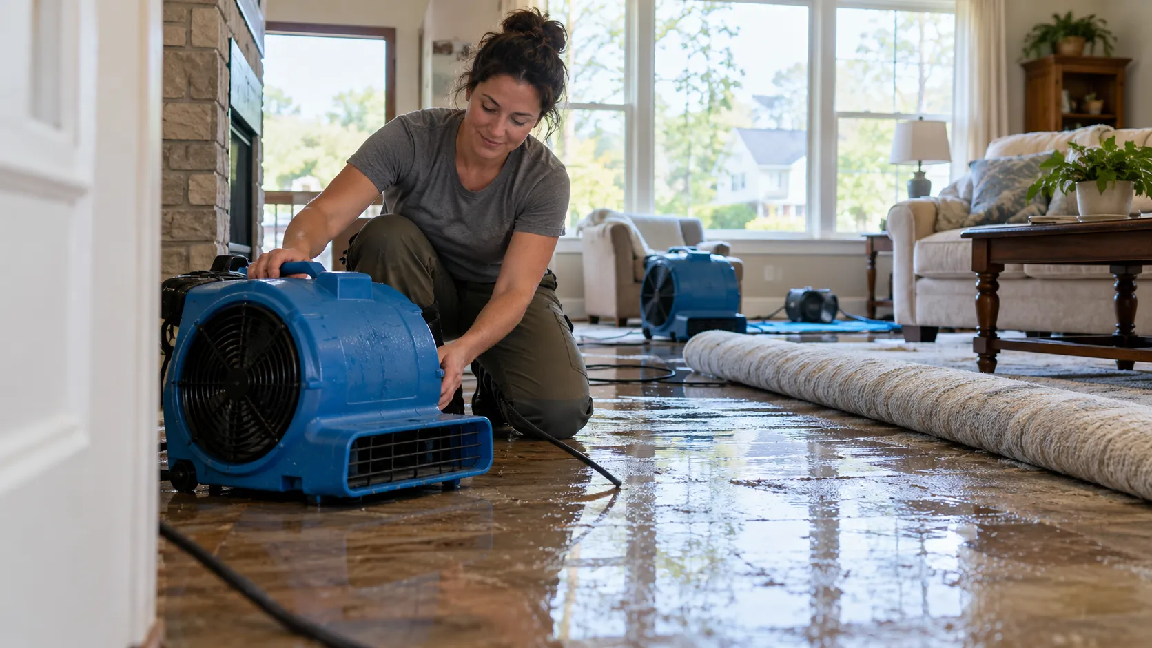 Water damage restoration technician drying a flooded living room in Phoenix